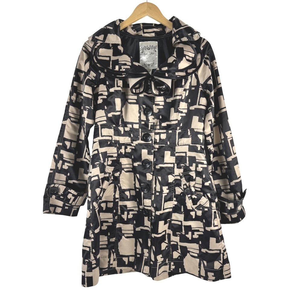Nick Mo Nordstrom Womens‎ Trench Coat Size M Black Beige Geometric Pattern